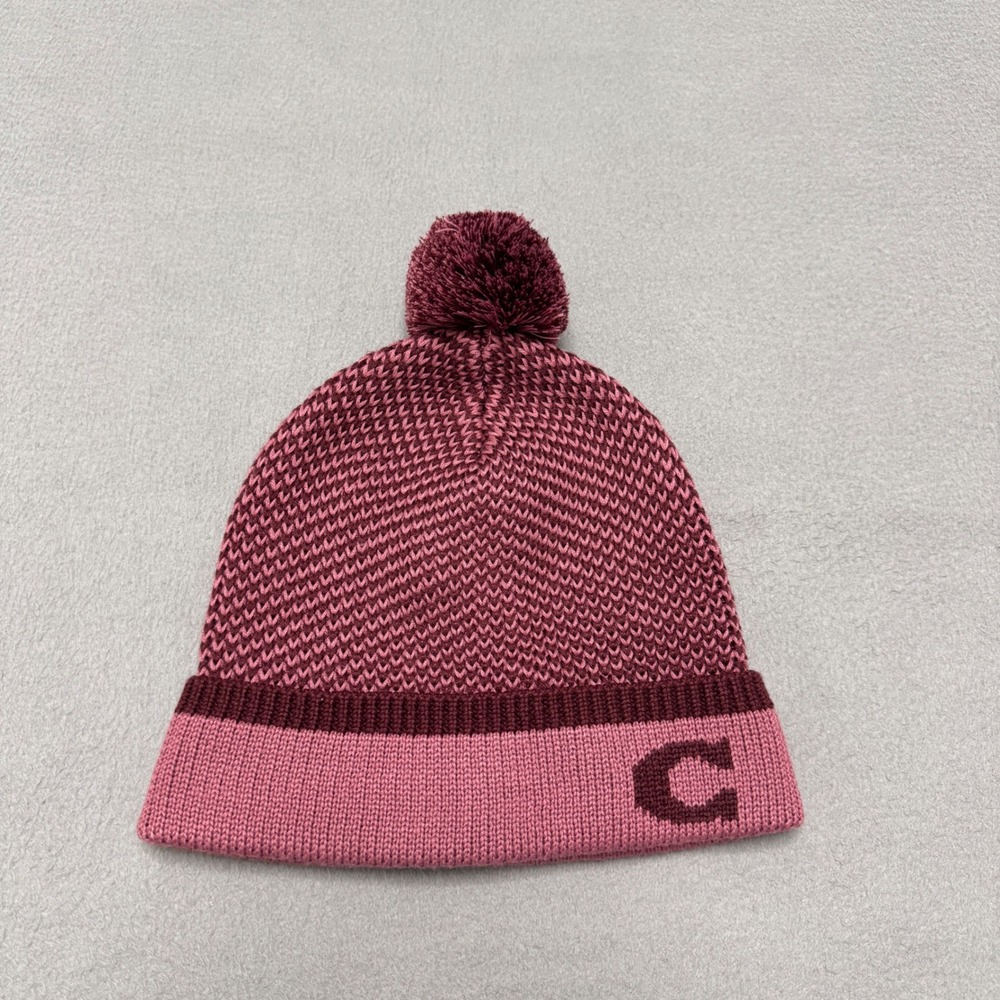 Coach Beanie Women Pink Maroon Wool Blend Pom Pom Knit Hat Logo